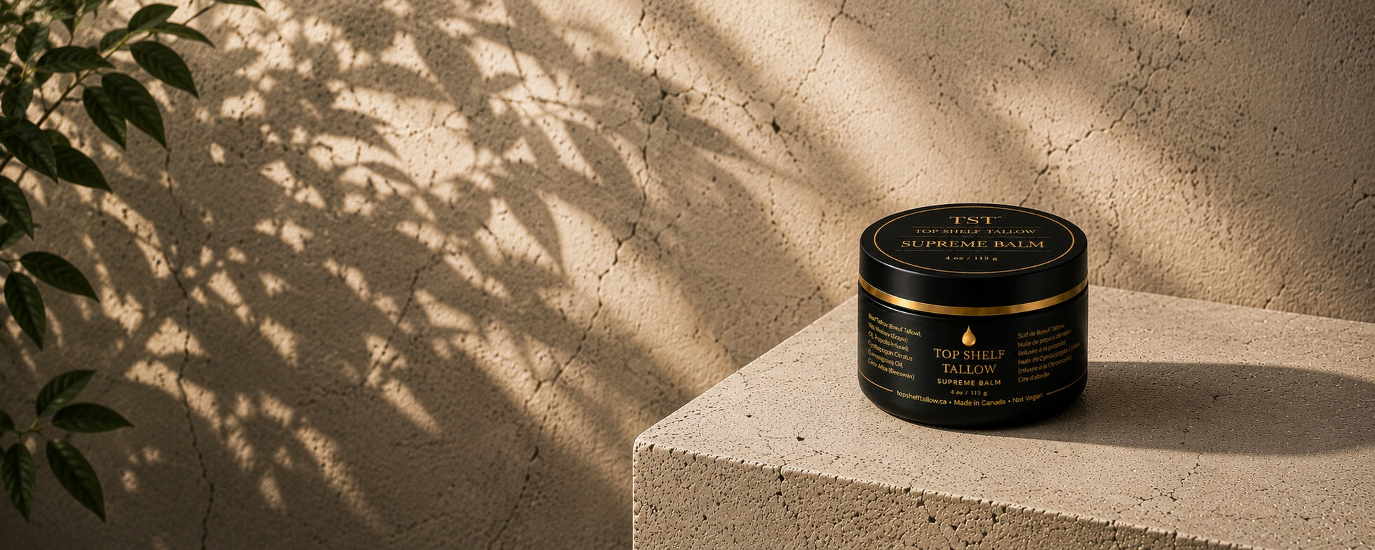 A black jar of TST Supreme Balm with gold lettering and a gold lid, styled on a textured stone block with leaf shadows cast across a beige wall.